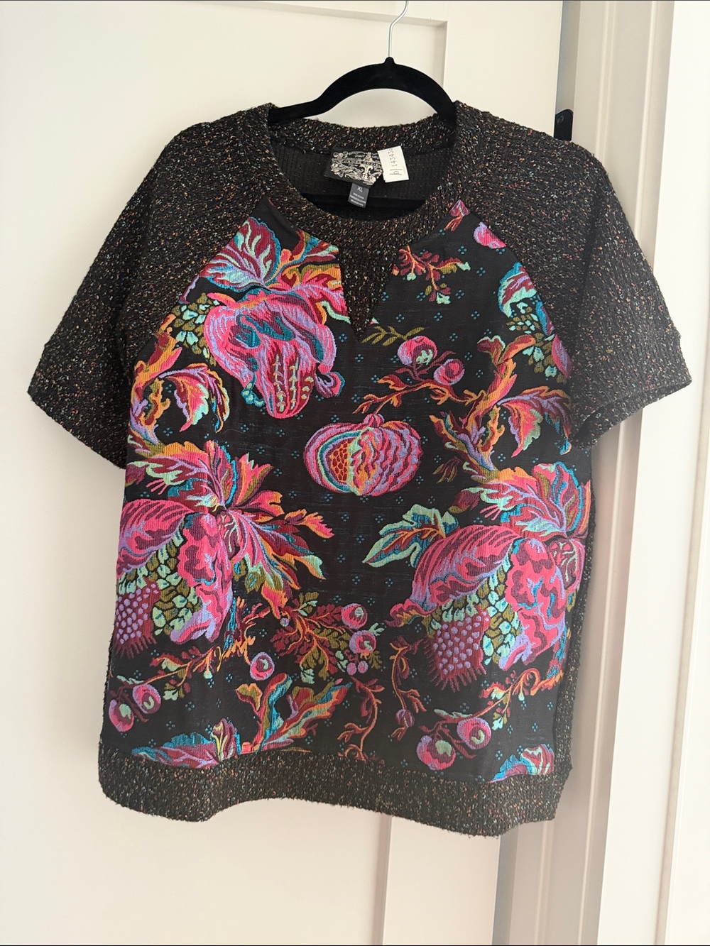Black Floral-Print Short-Sleeve Sweater with Multicolor Accents